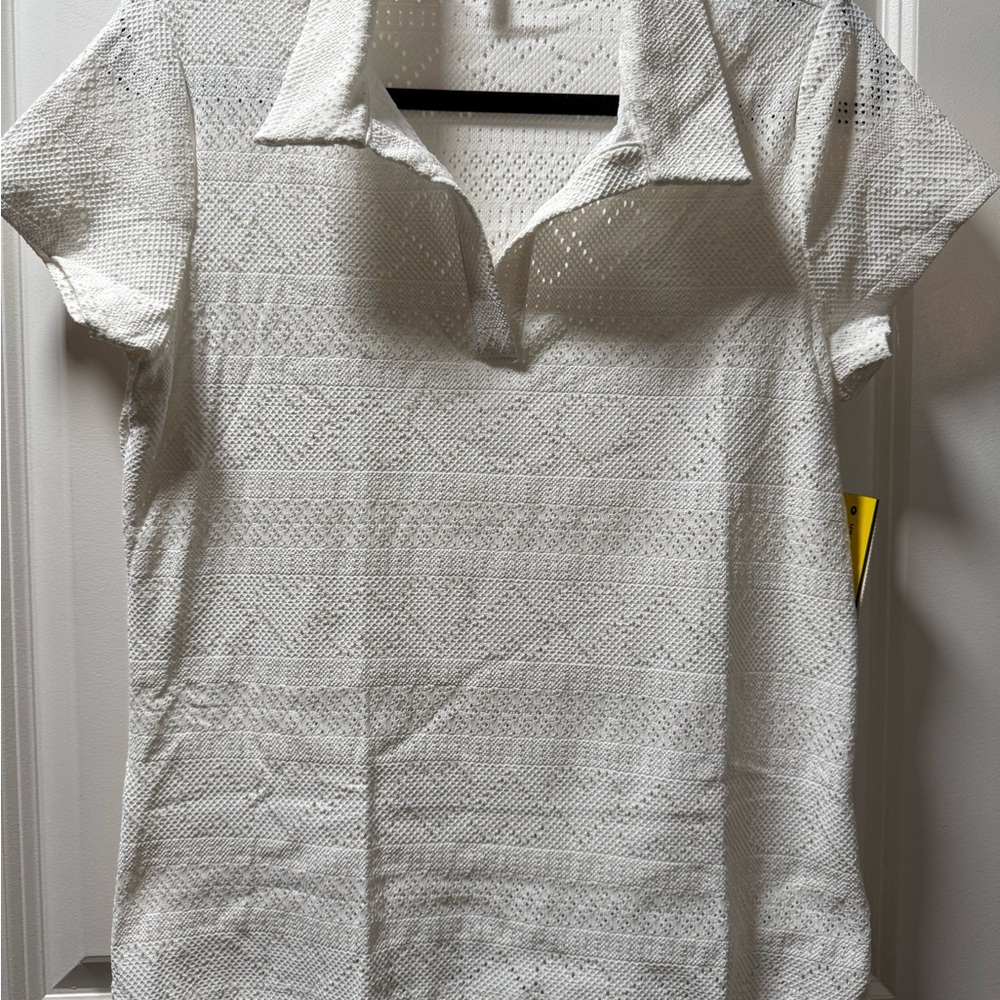 EleVen by Venus Williams White Polo Collar Fitted Top